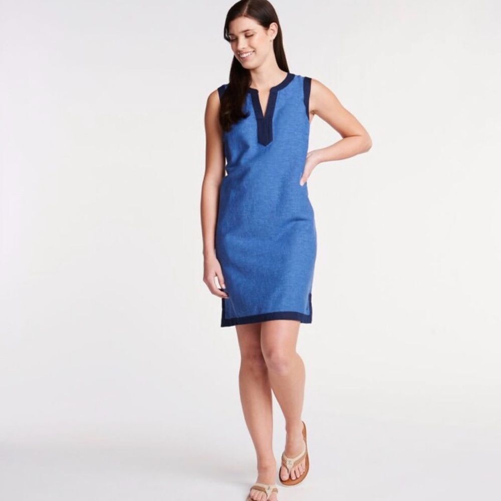 Nautica Linen Blue Chambray A-Line Dress Size Medium Preppy Nautical Casual